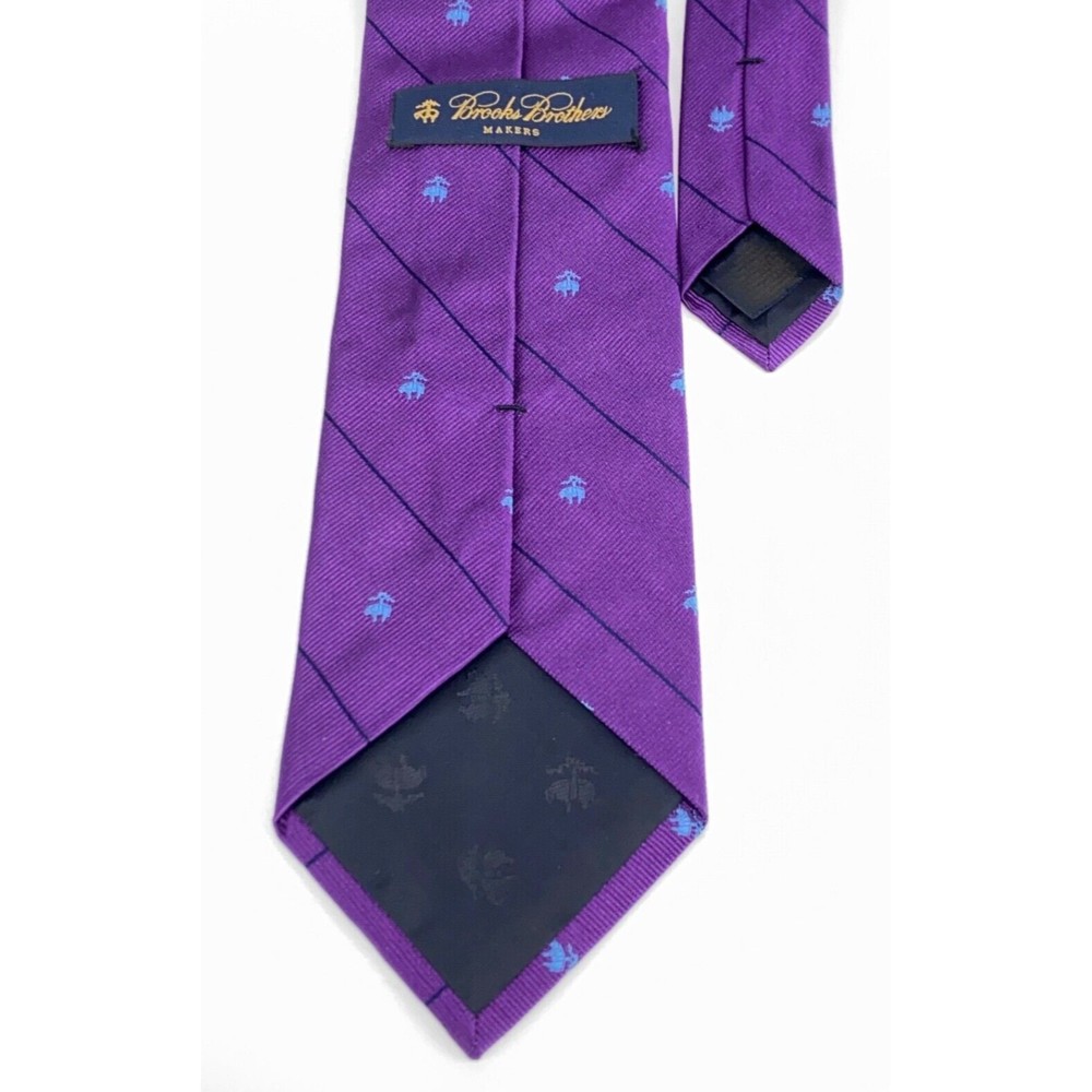 Brooks Brothers Purple Light Blue Golden Fleece Logo Navy Stripes 100% Silk Tie - Picture 8 of 10